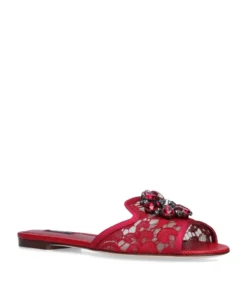Dolce & Gabbana Bejewelled Bianca Slides RED/DARK Peep Toe Flats