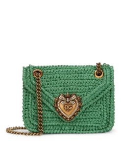 Dolce & Gabbana Crochet Raffia Devotion Bag 8B611-GREEN/GREEN Top Handle Bags