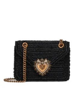 Dolce & Gabbana Medium Raffia Devotion Shoulder Bag 8B956-BLACK/BLACK Top Handle Bags