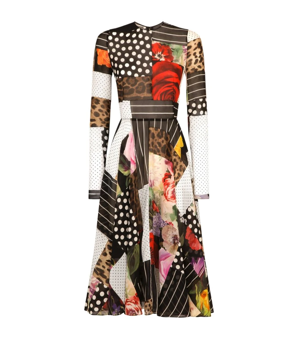 Dolce & Gabbana Patchwork Charmeuse Midi Dress S9000-COMBINED COLOU Midi Dresses 1 Dolce & Gabbana Patchwork Charmeuse Midi Dress S9000-COMBINED COLOU Midi Dresses