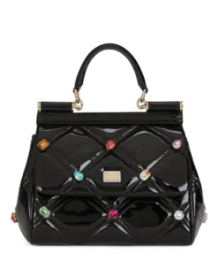 Dolce & Gabbana Patent Leather Embellished Sicily Top-Handle Bag 8S574-BLACK/MULTICOL Top Handle Bags